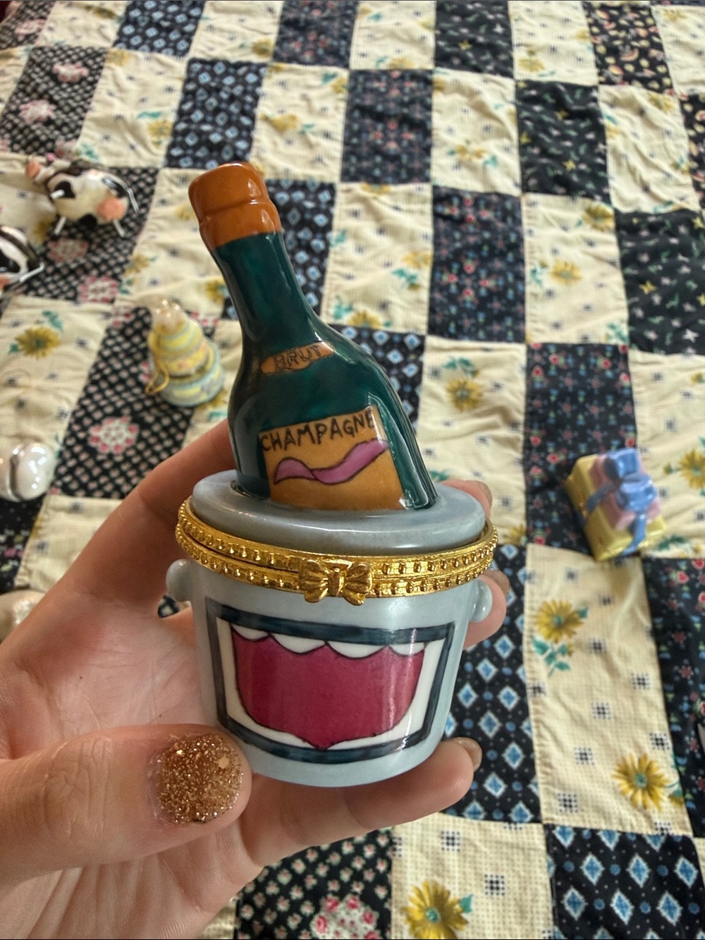 porcelain trinket box champagne bottle and ice bucket Limoges collectibles